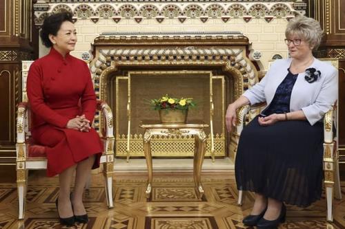 彭丽媛同匈牙利总统舒尤克夫人纳吉参观布达王宫并茶叙